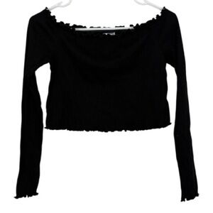 Divided Black Ribbed Off-Shoulder Long-Sleeve Crop Top Y2K Whimsigoth size med
